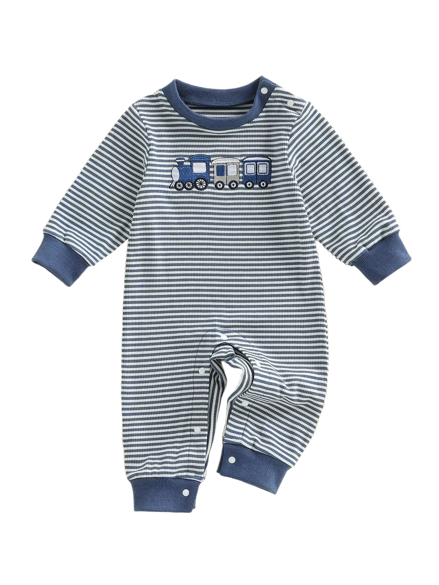 Toddler Girls Striped Playsuit With Long Sleeves Train Embroidery Romper