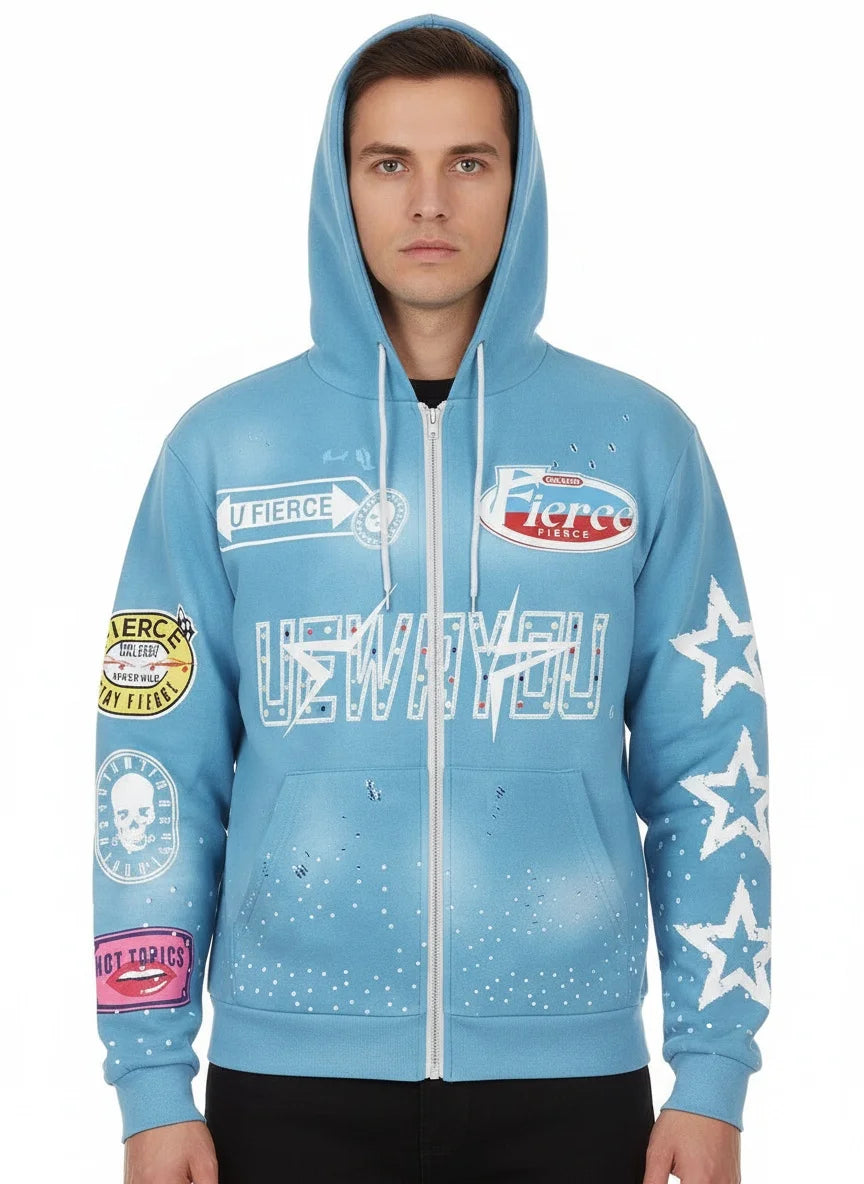 Men Hooded Zipper Sweatshirt With Star Letters Casual Cardigan