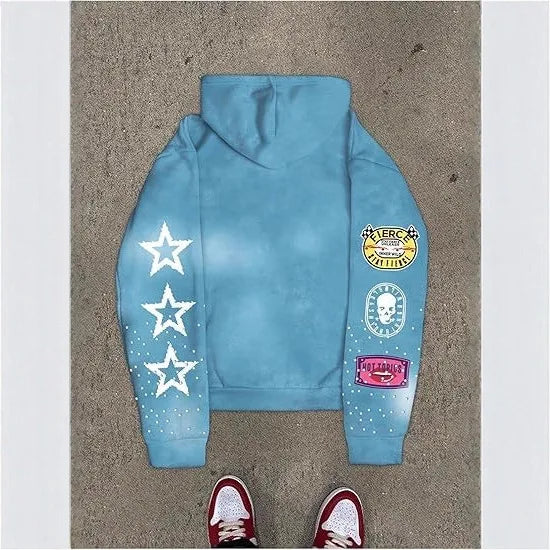 Men Hooded Zipper Sweatshirt With Star Letters Casual Cardigan