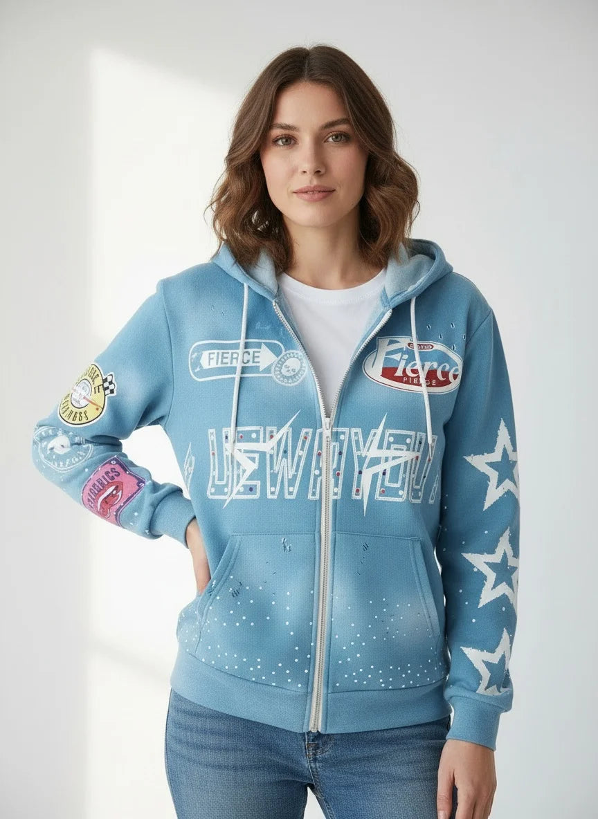 Men Hooded Zipper Sweatshirt With Star Letters Casual Cardigan