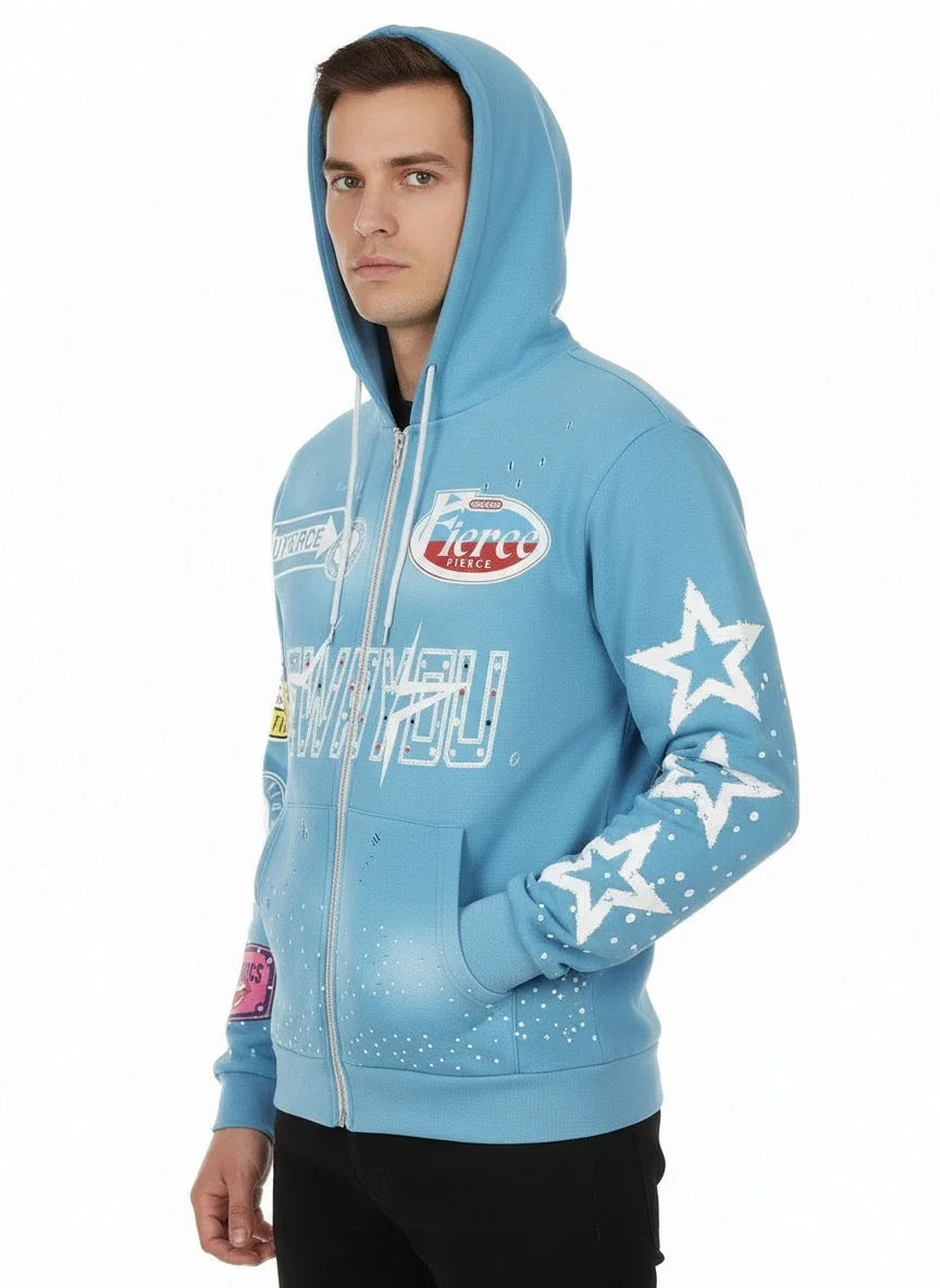 Men Hooded Zipper Sweatshirt With Star Letters Casual Cardigan