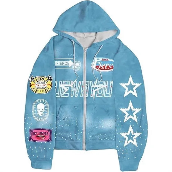 Men Hooded Zipper Sweatshirt With Star Letters Casual Cardigan