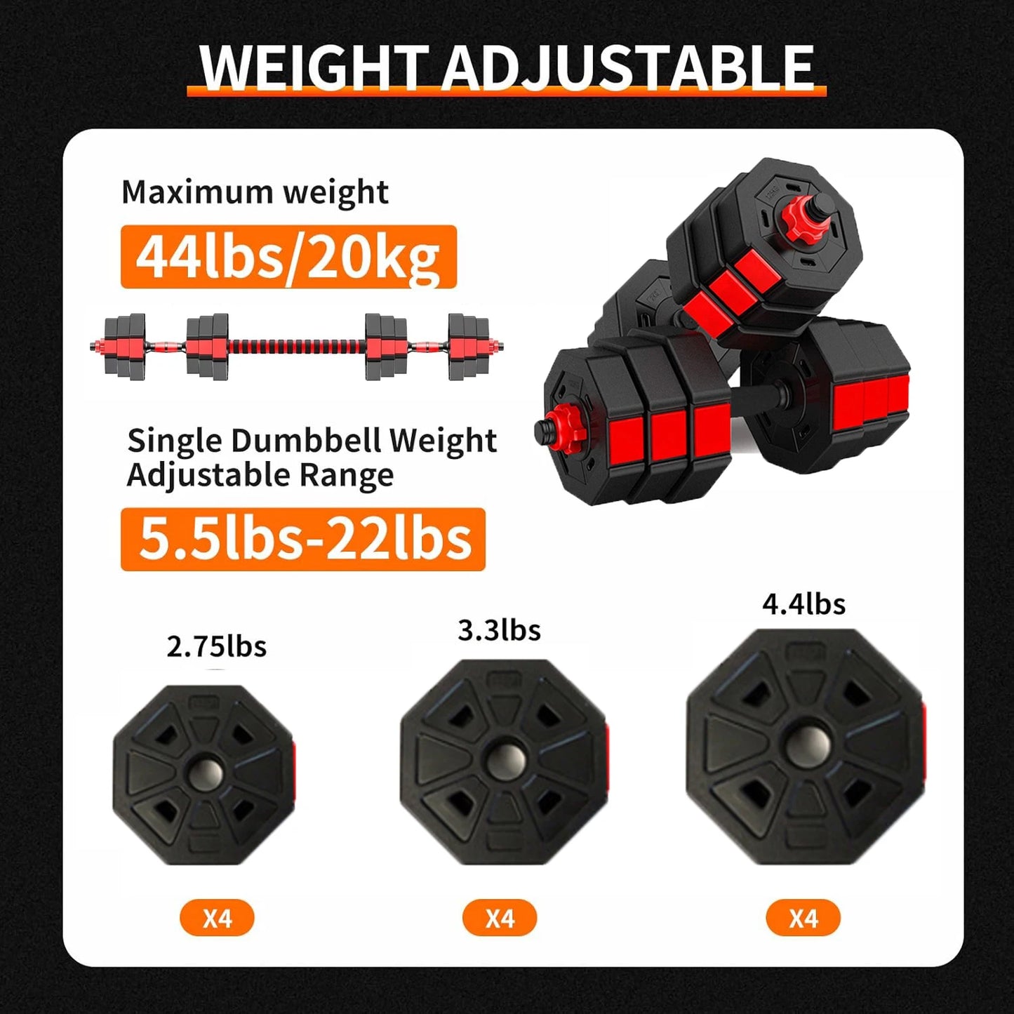 Adjustable Dumbbell To Barbell Fitness Set 44 Pounds Anti Slip Grip 3 In 1