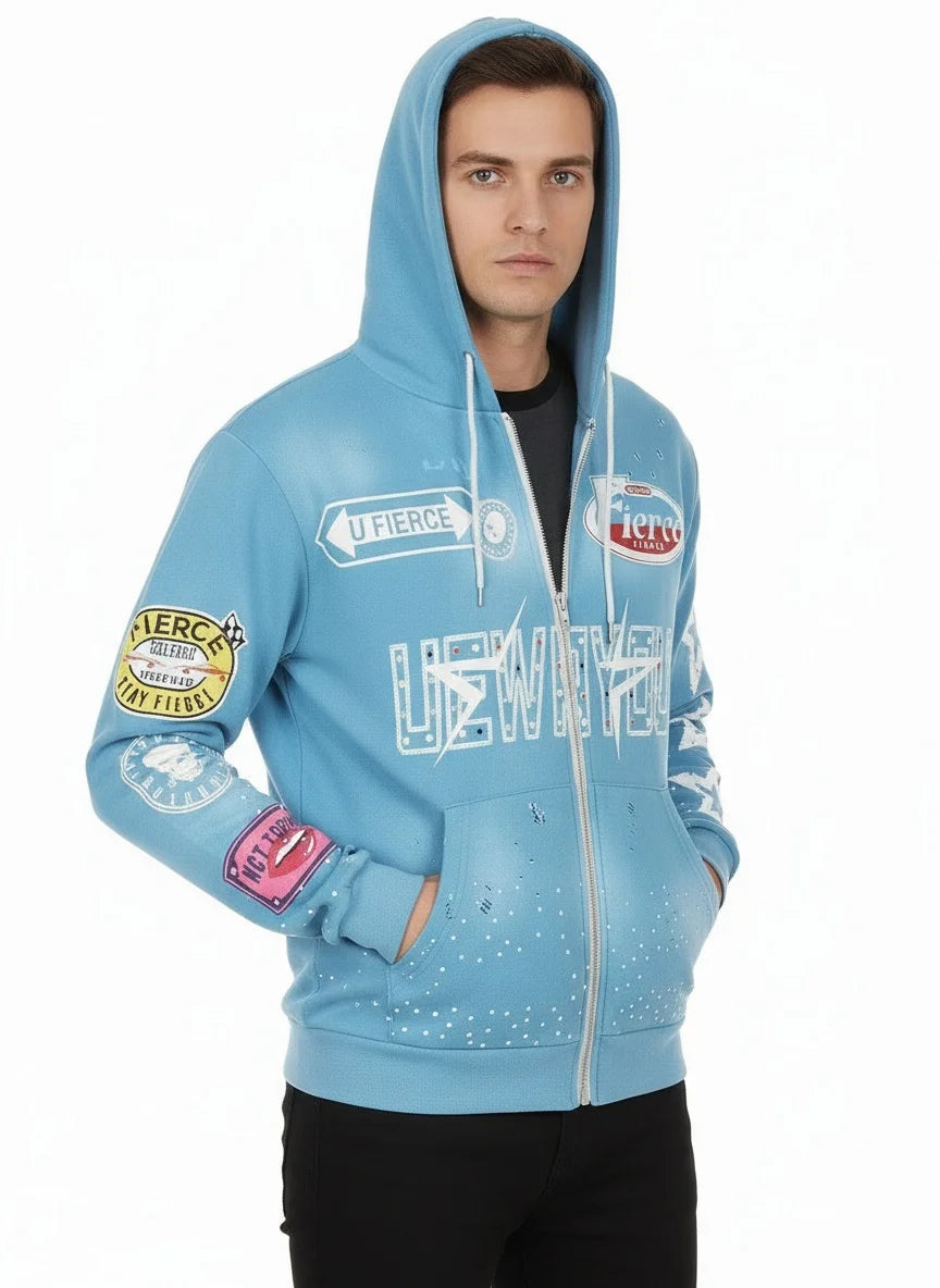 Men Hooded Zipper Sweatshirt With Star Letters Casual Cardigan
