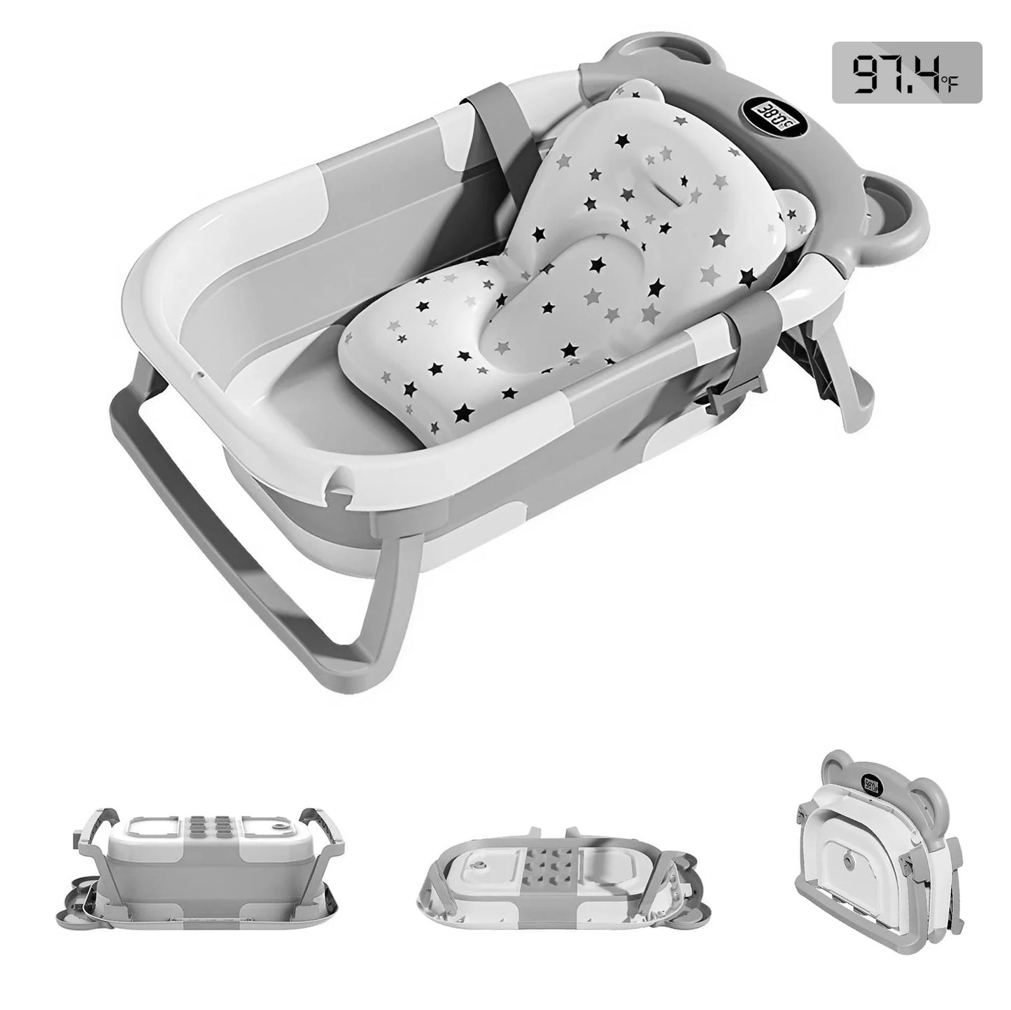 Portable Collapsible Baby Bath Tub With Thermometer And Floating Cushion