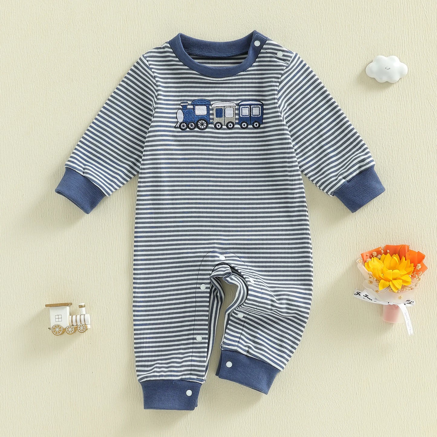 Toddler Girls Striped Playsuit With Long Sleeves Train Embroidery Romper
