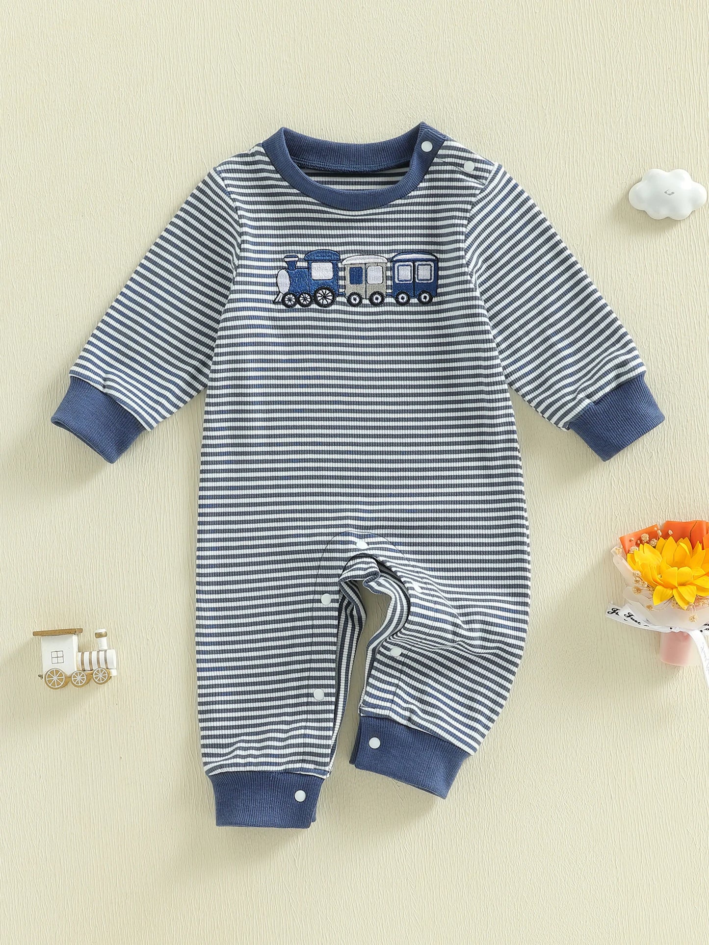 Toddler Girls Striped Playsuit With Long Sleeves Train Embroidery Romper