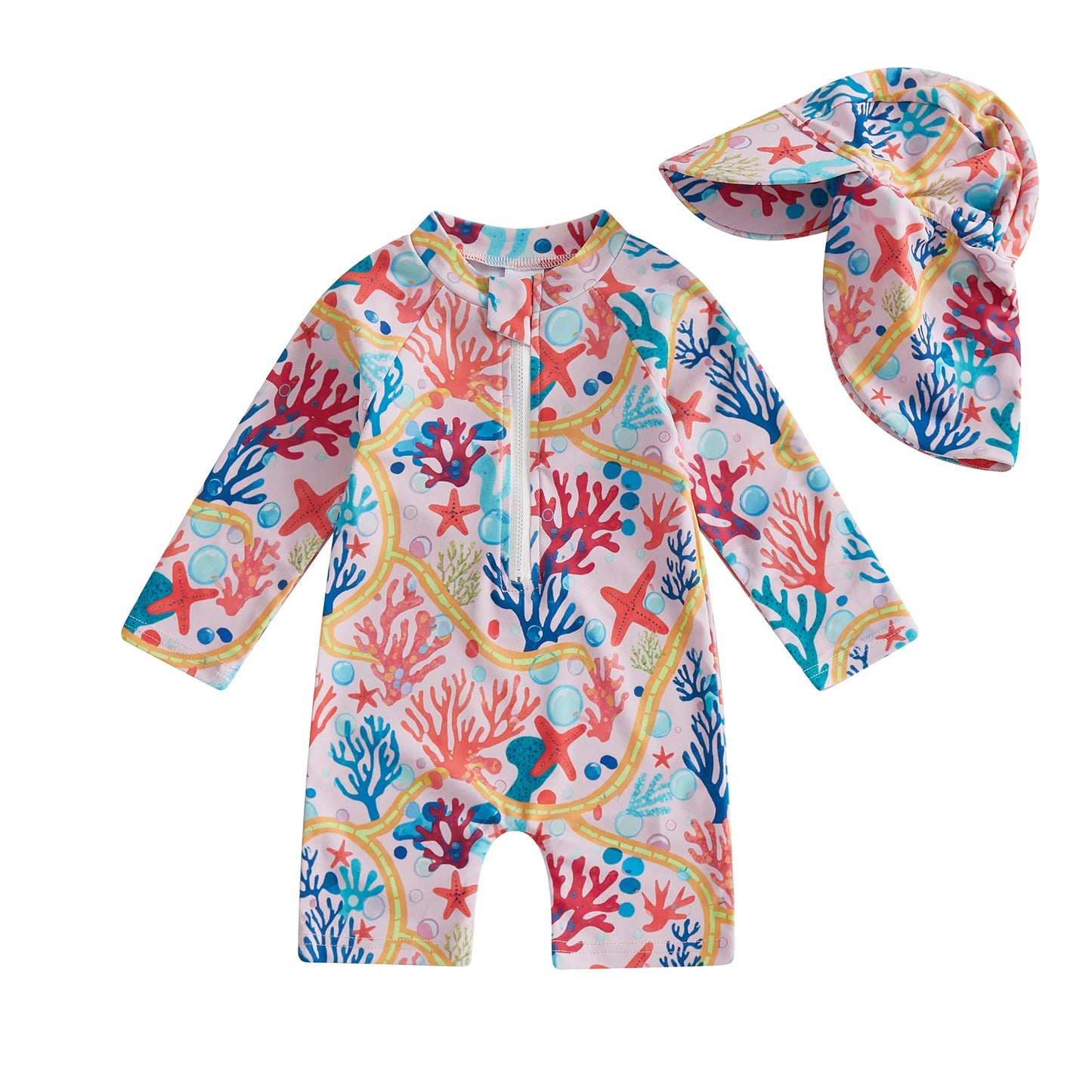 Rash Guard Swimsuit Set With Sun Hat For Baby Girls