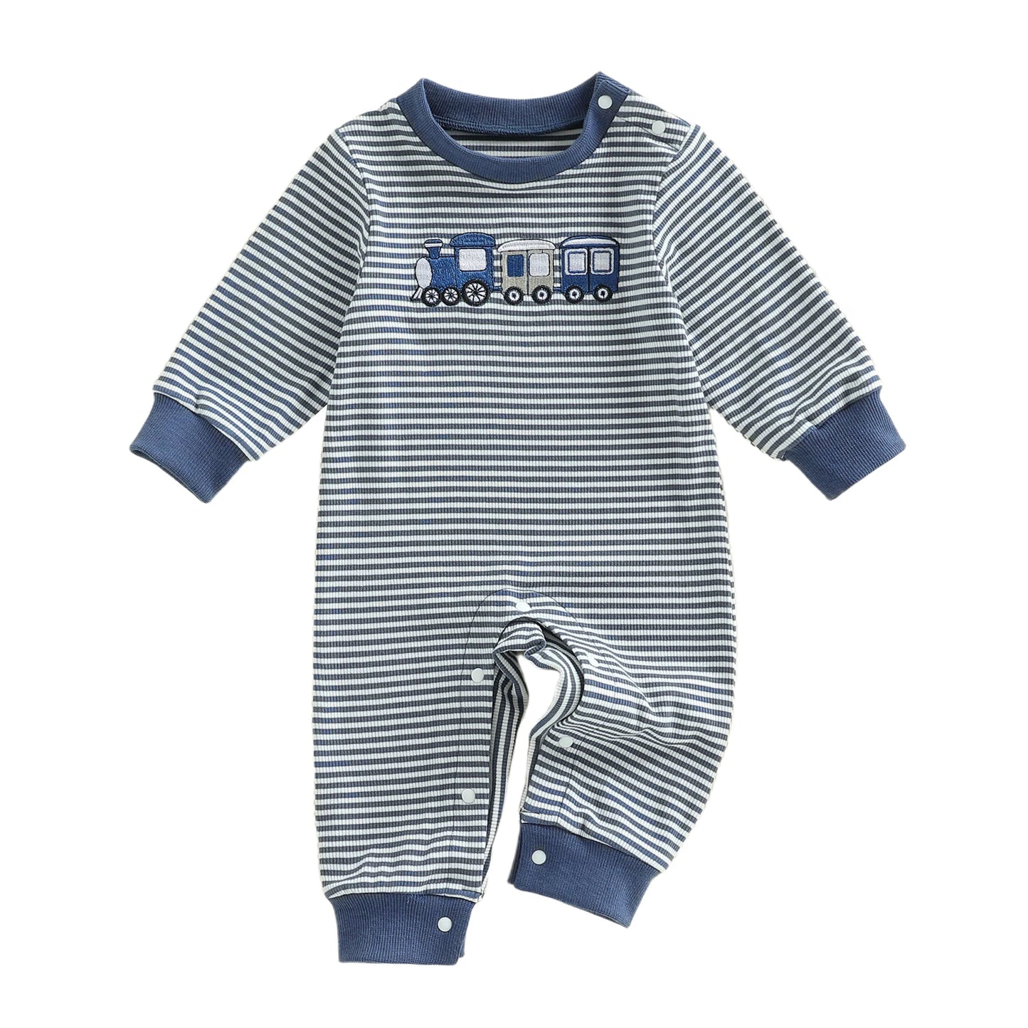 Toddler Girls Striped Playsuit With Long Sleeves Train Embroidery Romper