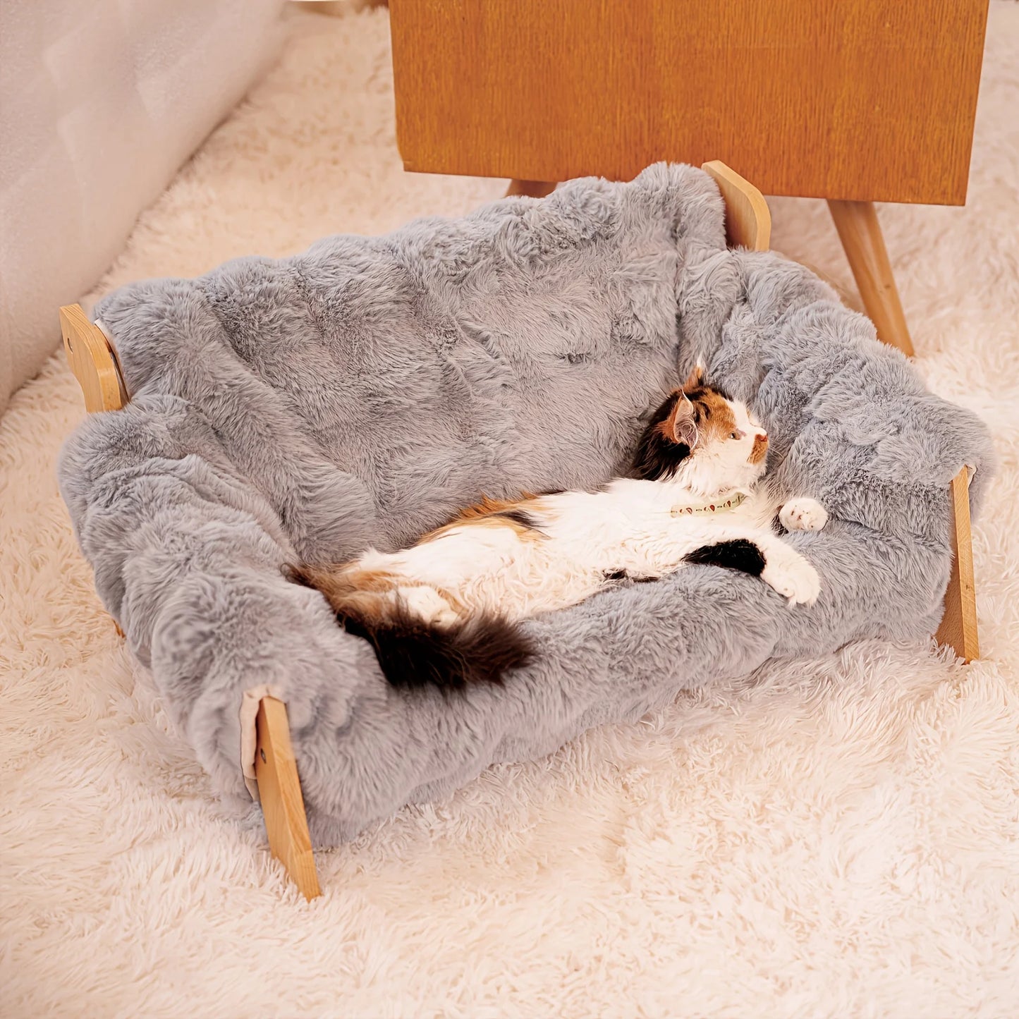 Elevated Solid Wood Pet Couch Bed for Cats and Dogs