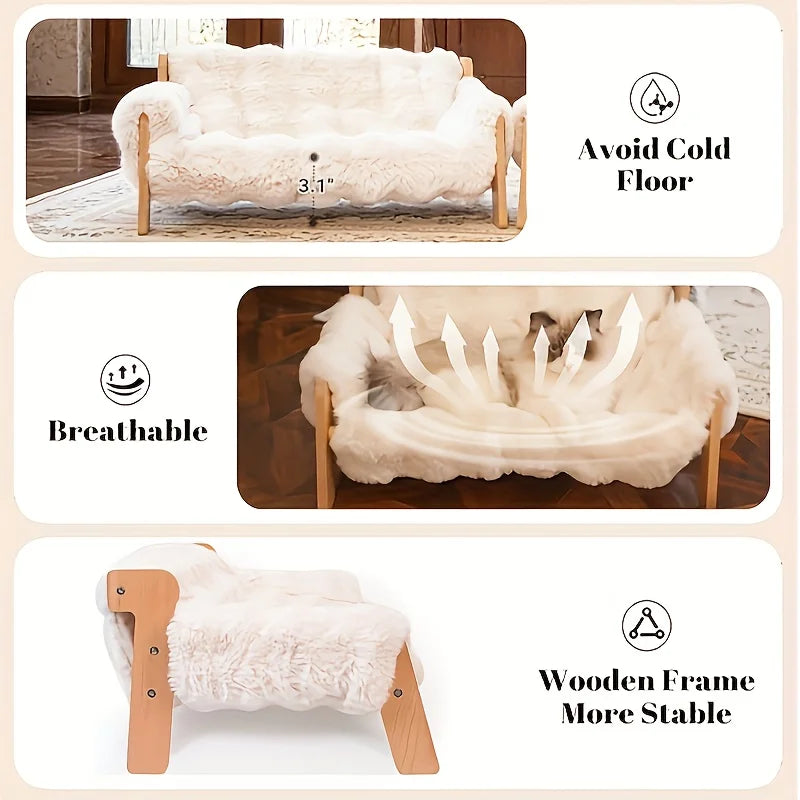 Elevated Solid Wood Pet Couch Bed for Cats and Dogs