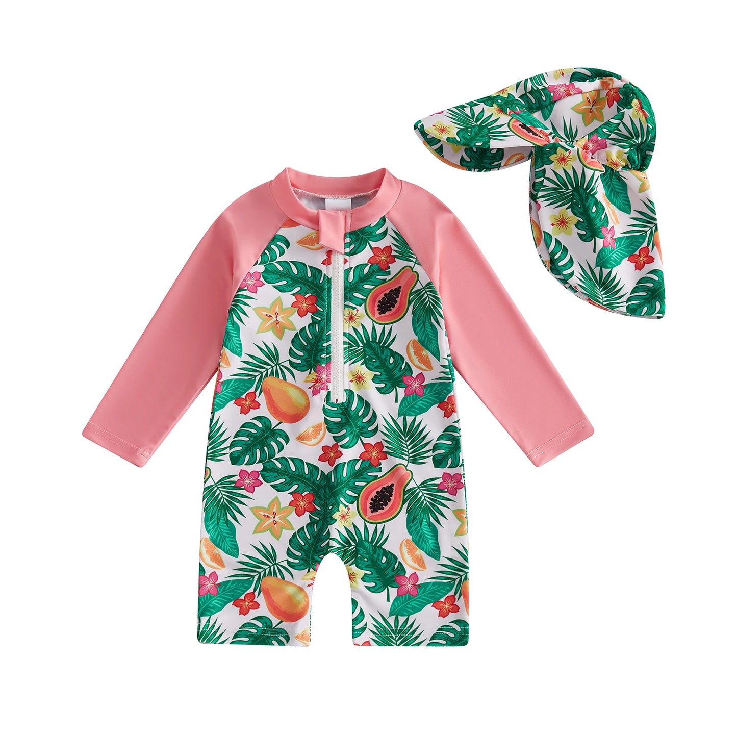 Rash Guard Swimsuit Set With Sun Hat For Baby Girls