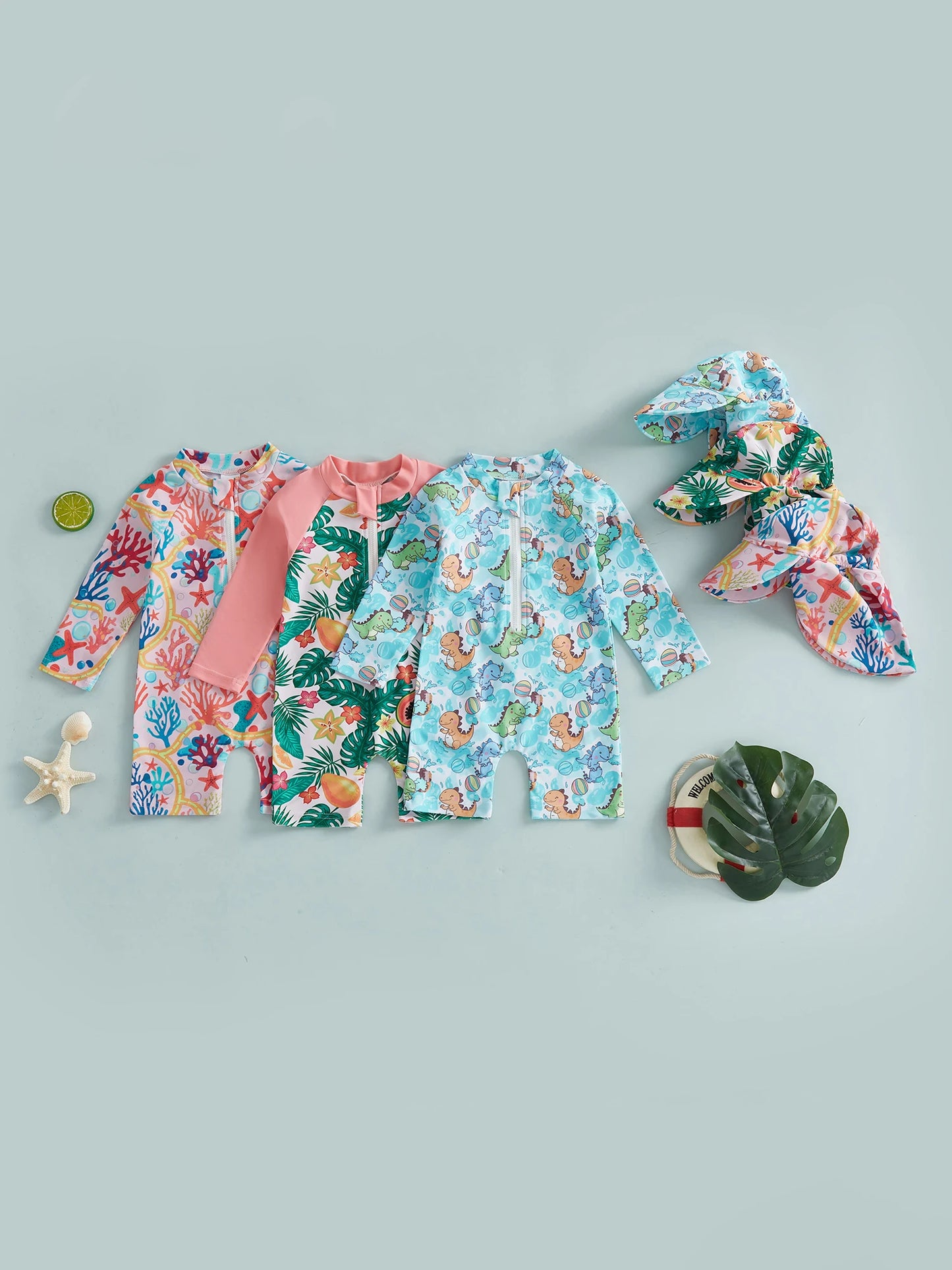 Rash Guard Swimsuit Set With Sun Hat For Baby Girls